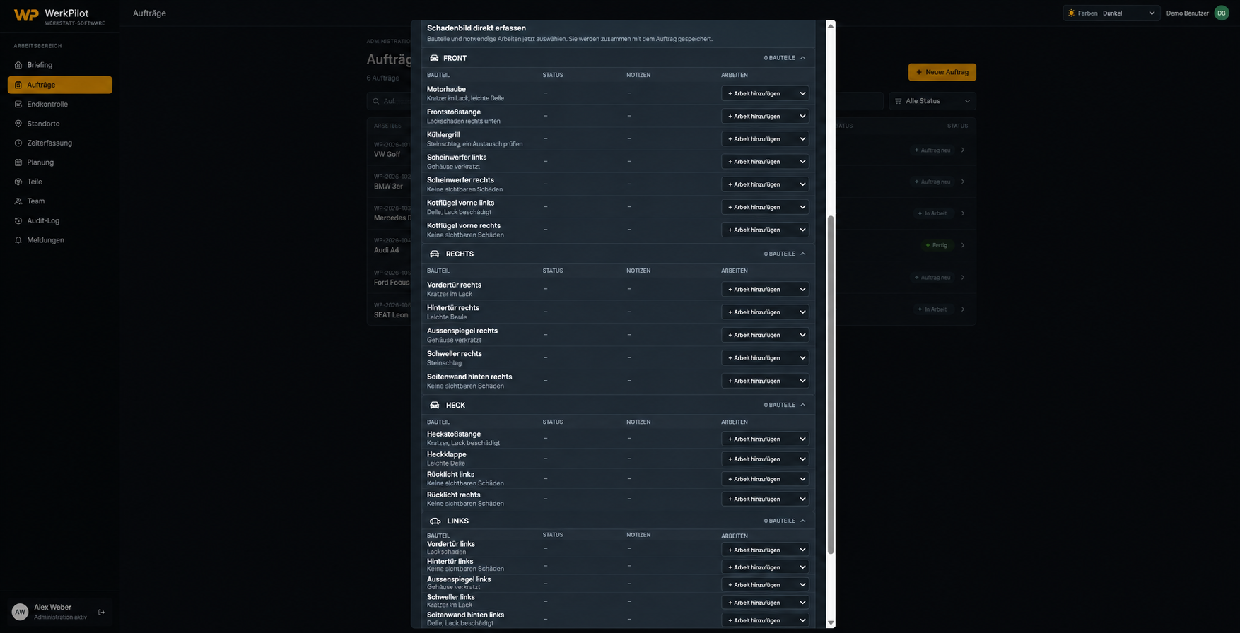 WerkPilot: Schaden-Checkliste – bearbeitete Ansicht mit Demodaten