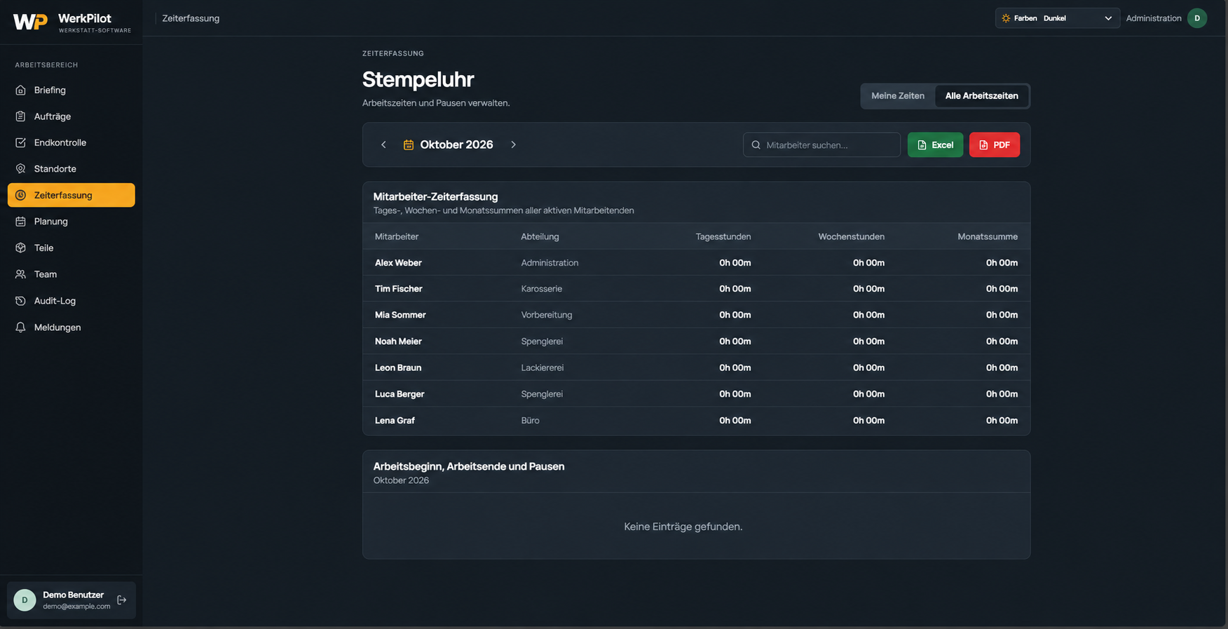 WerkPilot: Arbeitszeiten im Team – bearbeitete Ansicht mit Demodaten