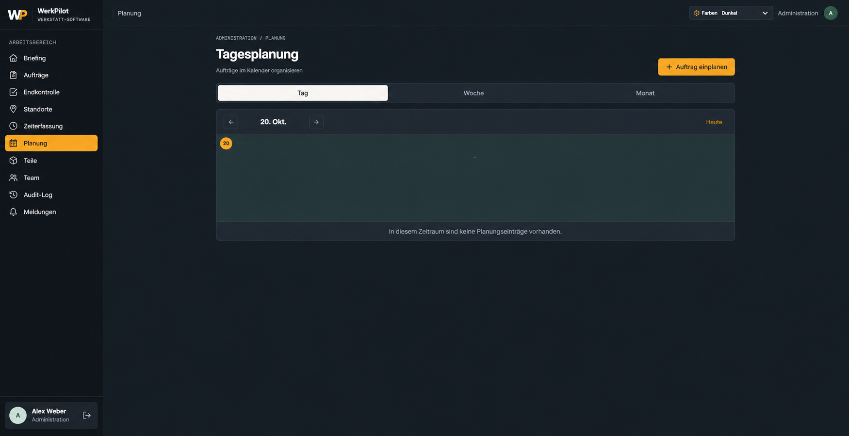 WerkPilot: Tagesplanung – bearbeitete Ansicht mit Demodaten