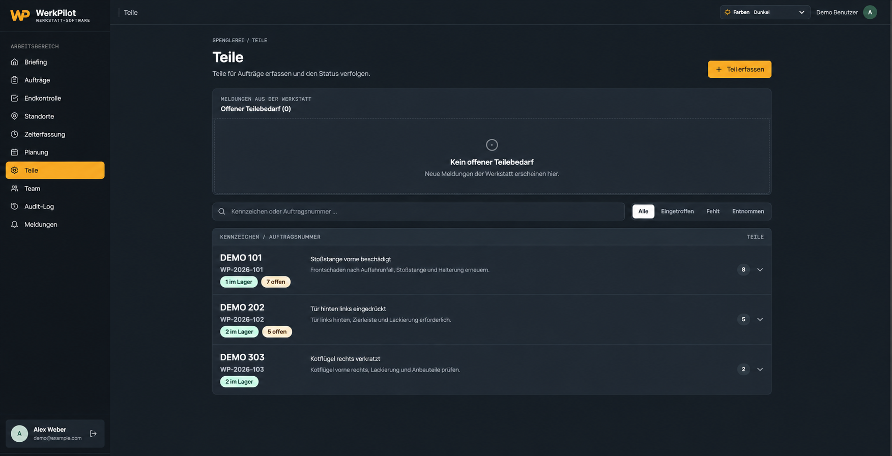 WerkPilot: Teileverwaltung – bearbeitete Ansicht mit Demodaten