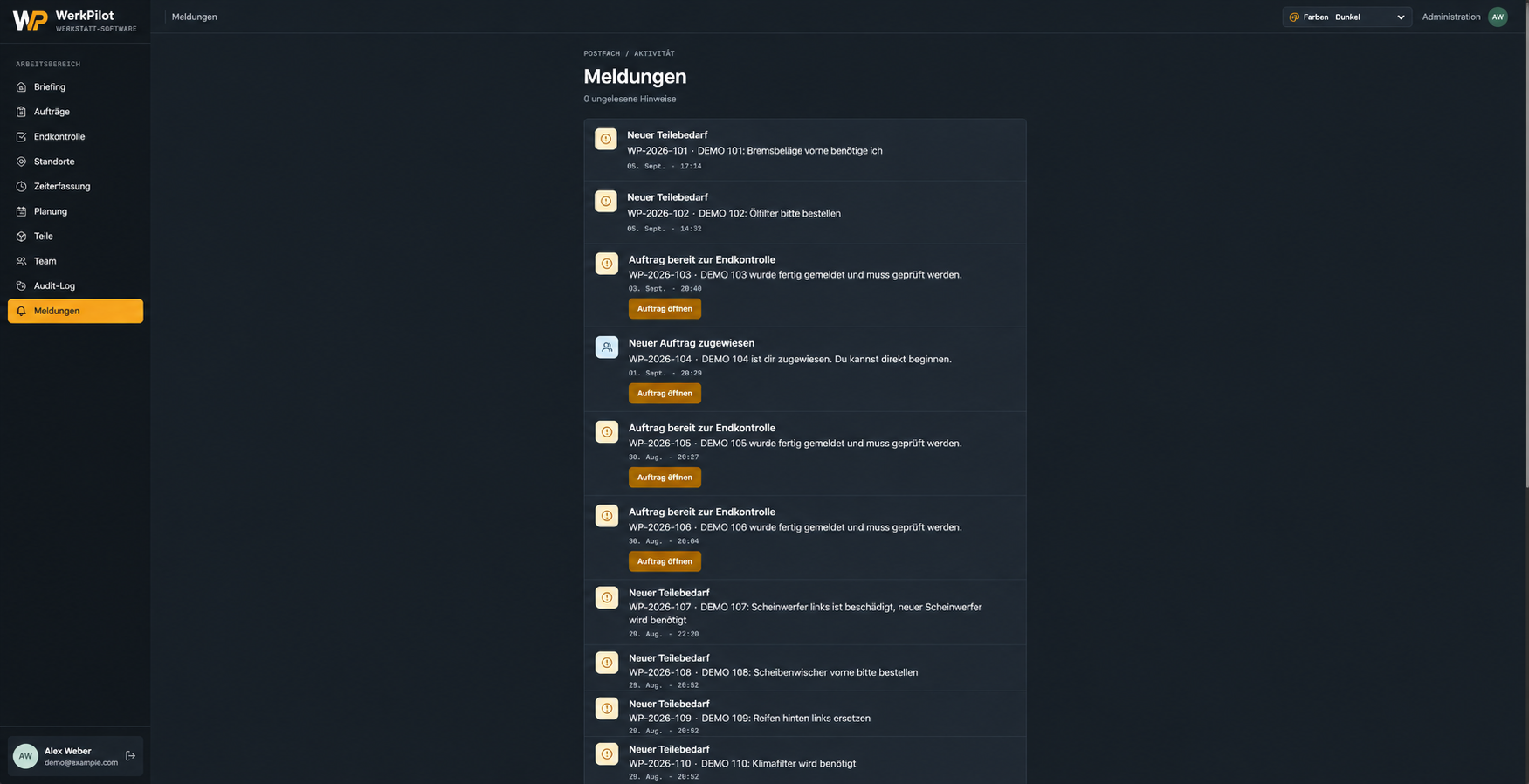 WerkPilot: Meldungen – bearbeitete Ansicht mit Demodaten